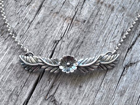 Sterling Silver Flower and Feather Necklace For Sale