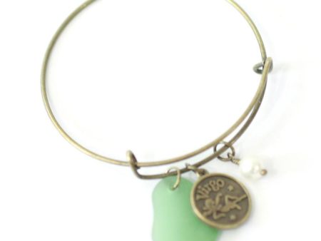 Antique Brass Virgo Bracelet - Green Sea Glass, Swarovski Pearl and Antique Bronze - Simple Zodiac Fashion Accessory - One Size Fits All - Zodiacharm - Clay Space Supply