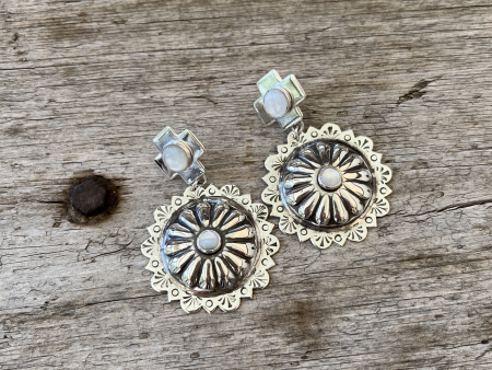 Sterling Silver Concho Earrings with Bezel Set Mother of Pearl Online now