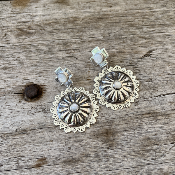 Sterling Silver Concho Earrings with Bezel Set Mother of Pearl Online now