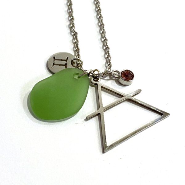 Gemini Constellation Necklace with Green Sea Glass, Custom Birthstone, and Air Element For Sale