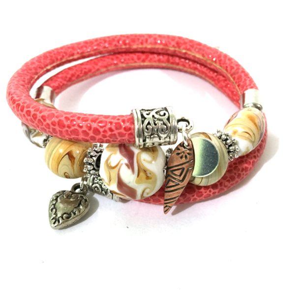 Leather and Glass Wrap Bracelet - Red, Glass and Antique Silver - Leather and Handmade Glass Beads - One Size Fits All - Wrappy Collection - Clay Space Online