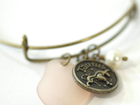 Antique Brass Taurus Bracelet - Pink Sea Glass, Swarovski Pearl and Antique Bronze - Simple Zodiac Accessory - One Size Fits All - Zodiacharm - Clay Space Hot on Sale