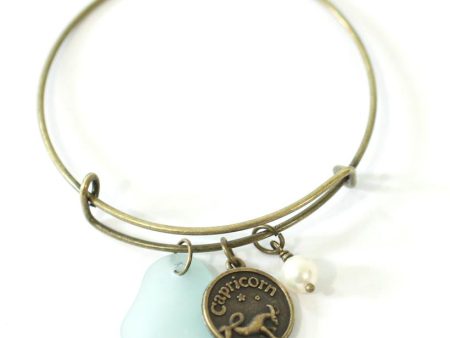 Bronze Capricorn Bracelet - Light Blue Sea Glass, Swarovski Pearl and Antique Brass - Simple Zodiac Accessory - One Size Fits All - Zodiacharm - Clay Space Online Hot Sale