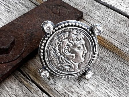 Alexander the Great  Coin Ring with Clear Cubic Zirconia For Sale