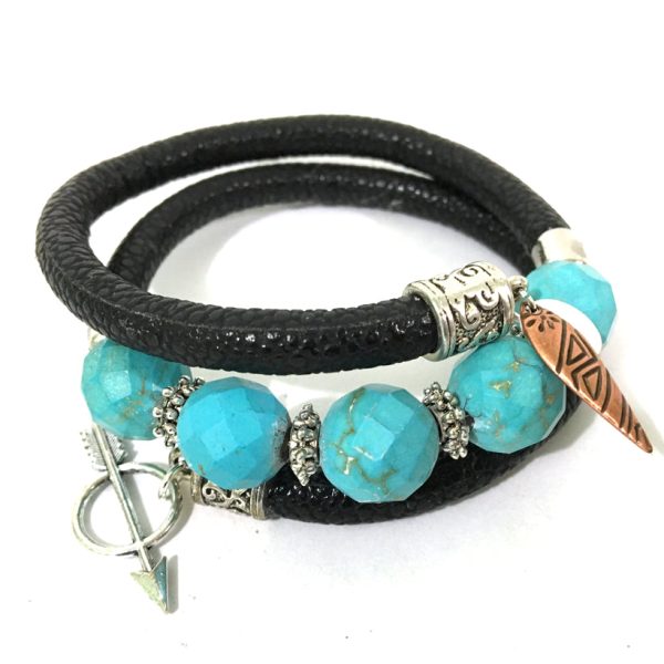 Leather and Turquoise Wrap Bracelet - Black, Turquoise and Silver - Leather and Faceted Turquoise Beads - One Size Fits All - Wrappy Collection - Clay Space For Sale