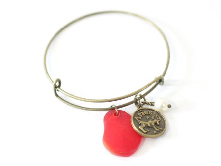 Bronze Aries Bracelet - Red Sea Glass, Swarovski Pearl and Antique Brass - Simple Zodiac Accessory - One Size Fits All - Zodiacharm - Clay Space Discount