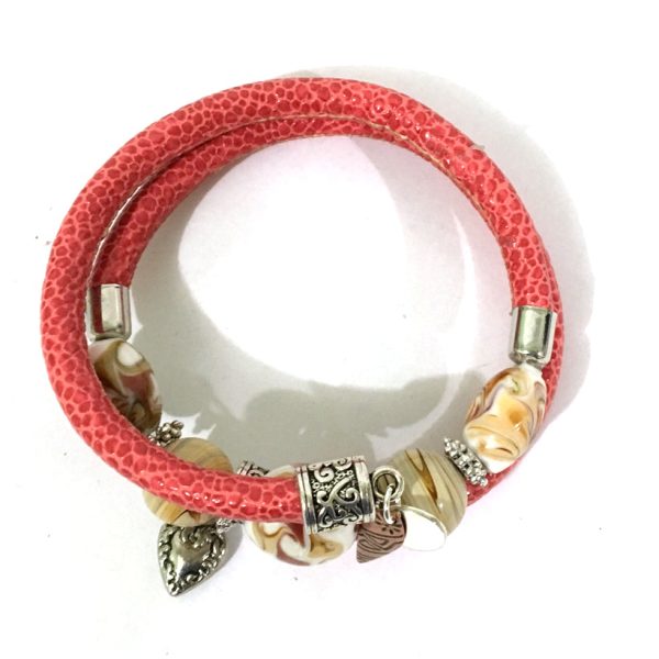 Leather and Glass Wrap Bracelet - Red, Glass and Antique Silver - Leather and Handmade Glass Beads - One Size Fits All - Wrappy Collection - Clay Space Online