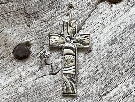 Silver Cross Pendant with Tooled Leather Texture Sale