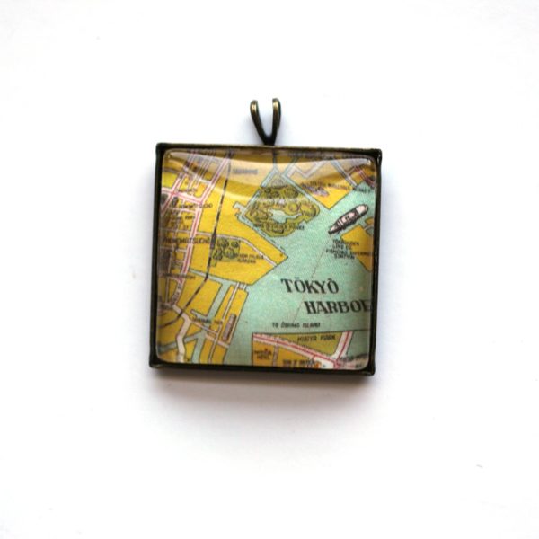 Tokyo Vintage Map Small Square Pendant Online now