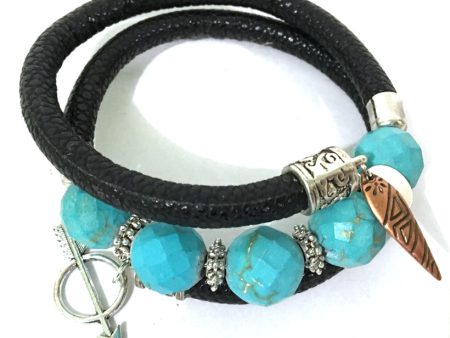 Leather and Turquoise Wrap Bracelet - Black, Turquoise and Silver - Leather and Faceted Turquoise Beads - One Size Fits All - Wrappy Collection - Clay Space For Sale