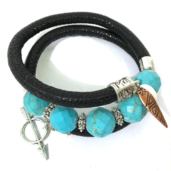 Leather and Turquoise Wrap Bracelet - Black, Turquoise and Silver - Leather and Faceted Turquoise Beads - One Size Fits All - Wrappy Collection - Clay Space For Sale