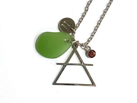 Gemini Constellation Necklace with Green Sea Glass, Custom Birthstone, and Air Element For Sale