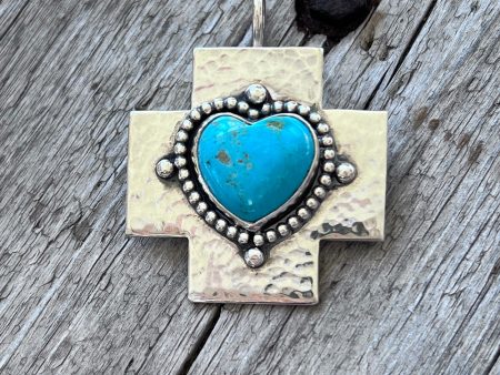 Sterling silver Cross with Kingman Turquoise Heart Pendant Discount