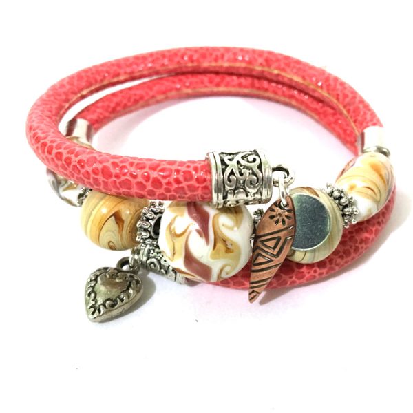 Leather and Glass Wrap Bracelet - Red, Glass and Antique Silver - Leather and Handmade Glass Beads - One Size Fits All - Wrappy Collection - Clay Space Online