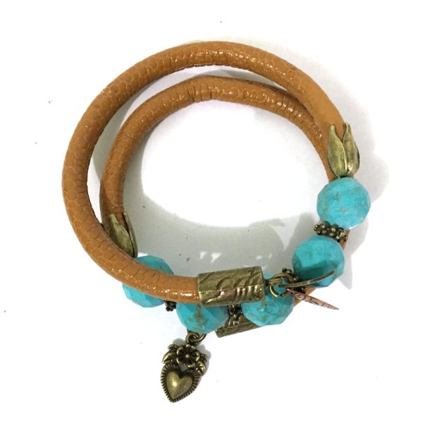 Leather and Turquoise Wrap Bracelet - Tan, Turquoise and Antique Bronze - Leather and Faceted Turquoise Beads - One Size Fits All - Wrappy Collection - Clay Space Online now