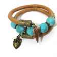 Leather and Turquoise Wrap Bracelet - Tan, Turquoise and Antique Bronze - Leather and Faceted Turquoise Beads - One Size Fits All - Wrappy Collection - Clay Space Online now