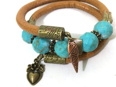 Leather and Turquoise Wrap Bracelet - Tan, Turquoise and Antique Bronze - Leather and Faceted Turquoise Beads - One Size Fits All - Wrappy Collection - Clay Space Online now