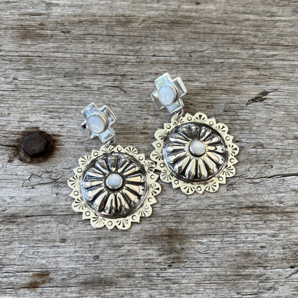 Sterling Silver Concho Earrings with Bezel Set Mother of Pearl Online now