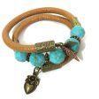 Leather and Turquoise Wrap Bracelet - Tan, Turquoise and Antique Bronze - Leather and Faceted Turquoise Beads - One Size Fits All - Wrappy Collection - Clay Space Online now