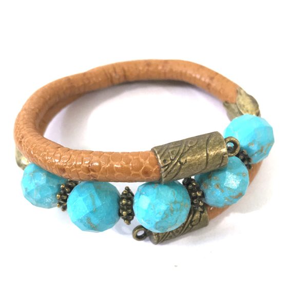 Leather and Turquoise Wrap Bracelet - Tan, Turquoise and Antique Bronze - Leather and Faceted Turquoise Beads - One Size Fits All - Wrappy Collection - Clay Space Online now