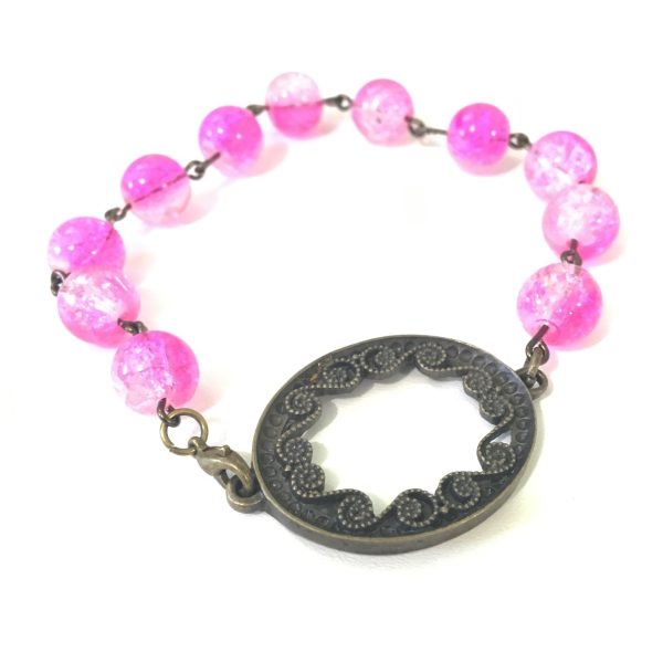 Boho Vintage Frame Bracelet    Pink Cracked Glass Bracelet    Perfect Gift for Her on Sale