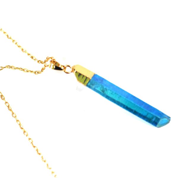 Blue Raw Aurora Crystal Pendant on 18  Long 24k Gold Plated Chain For Cheap