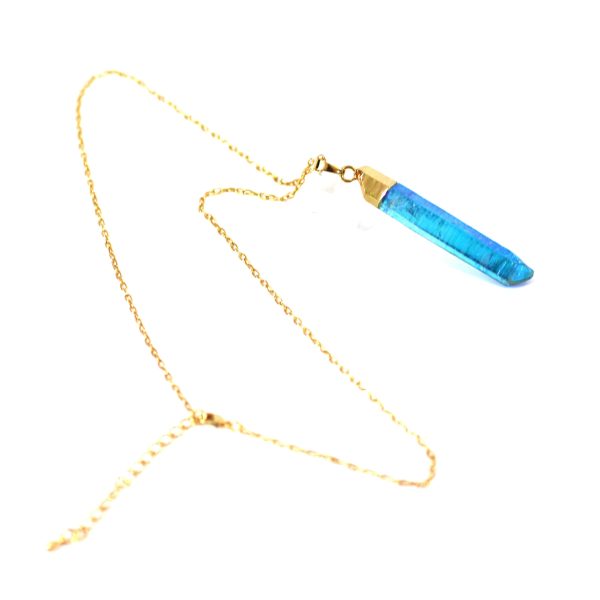 Blue Raw Aurora Crystal Pendant on 18  Long 24k Gold Plated Chain For Cheap