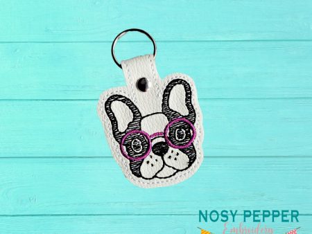 Frenchie in glasses snaptab 4x4 (Two versions included) machine embroidery design DIGITAL DOWNLOAD For Discount