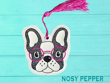 Frenchie in glasses Bookmark bag tag ornament 4x4 two versions included machine embroidery design DIGITAL DOWNLOAD Hot on Sale